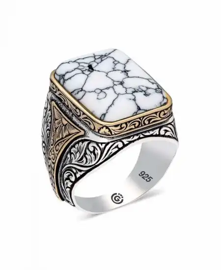 ​gümüş Desenli Beyaz Havlit Taşlı Kare Erkek Yüzük