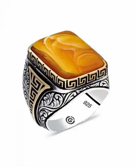 ​gümüş Desenli Sıkma Kehribar Taşlı Kare Erkek Yüzük