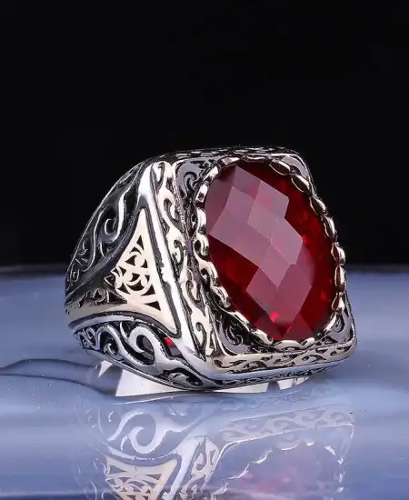 ​gümüş Fasetli Kırmızı Taşlı Kare Erkek Yüzük
