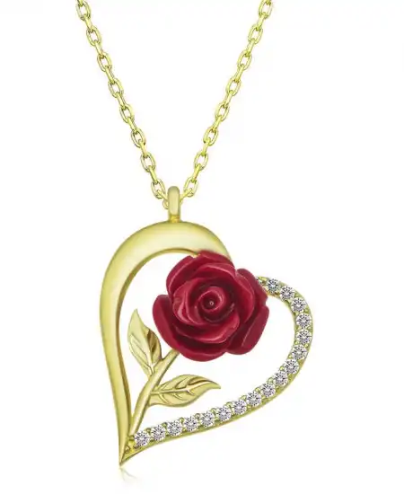 ​gümüş Gold Kalpli Kırmızı Gül Kadın Kolye