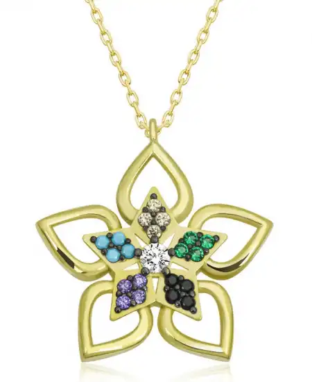 ​gümüş Gold Renkli Taşlı Çiçek Kadın Kolye