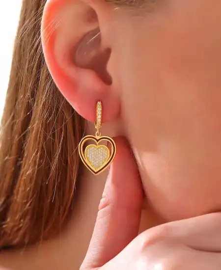 ​gümüş Gold Sallantılı Kalp Kadın Küpe