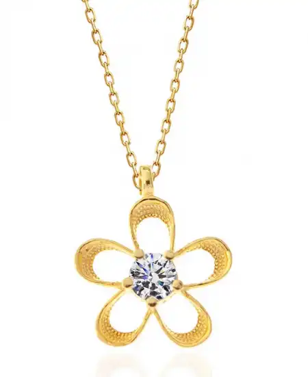 ​gümüş Gold Zirkon Taşlı Çiçek Kadın Kolye