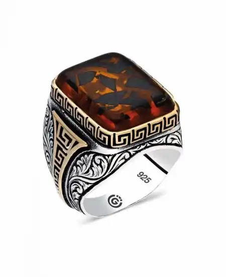 ​gümüş Kahverengi Taşlı Köşeli Erkek Yüzük