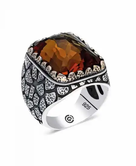 ​gümüş Kahverengi Zirkon Taşlı Kare Erkek Yüzük