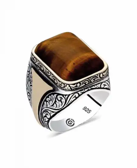 ​gümüş Kaplan Gözü Kare Erkek Yüzük