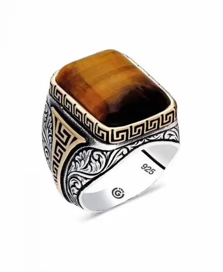 ​gümüş Kaplan Gözü Taşlı Kare Erkek Yüzük