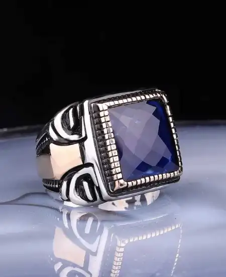 ​gümüş Kare Fasetli Lacivert Taşlı Erkek Yüzük