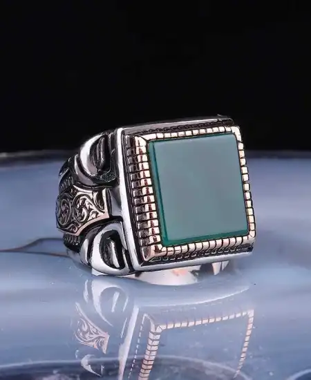 ​gümüş Kare Yeşil Akik Taşlı Erkek Yüzük