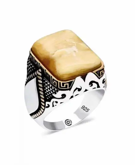 ​gümüş Kehribar Taşlı Köşeli Erkek Yüzük