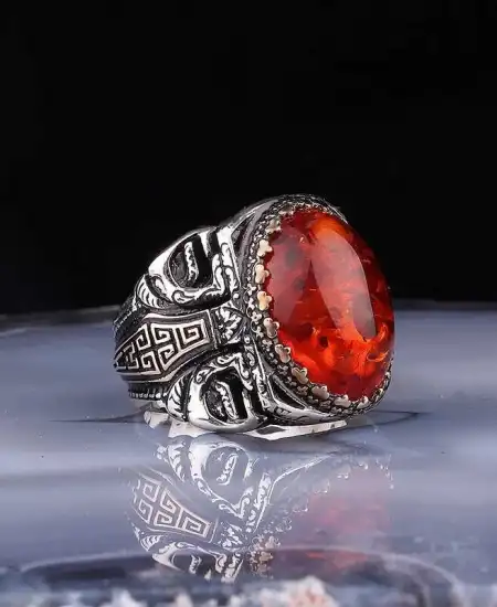 ​gümüş Kehribar Taşlı Oval Erkek Yüzük