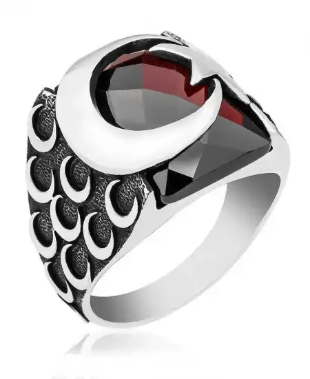 ​gümüş Kırmızı Kesme Taşlı Ay Yıldız Erkek Yüzük