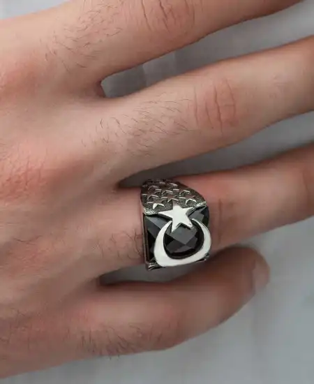 ​gümüş Kırmızı Kesme Taşlı Ay Yıldız Erkek Yüzük