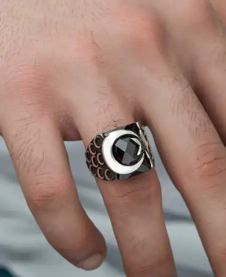 ​gümüş Kırmızı Kesme Taşlı Ay Yıldız Erkek Yüzük