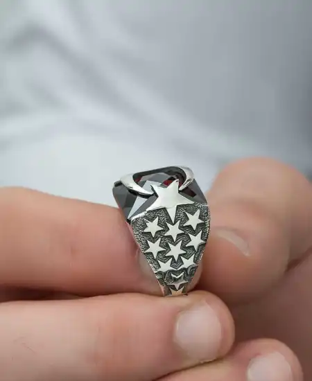 ​gümüş Kırmızı Kesme Taşlı Ay Yıldız Erkek Yüzük