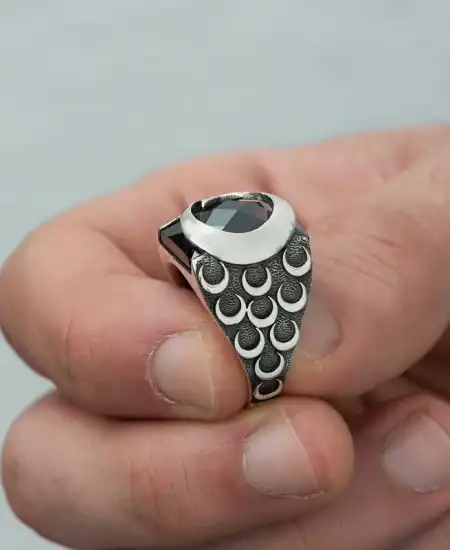 ​gümüş Kırmızı Kesme Taşlı Ay Yıldız Erkek Yüzük