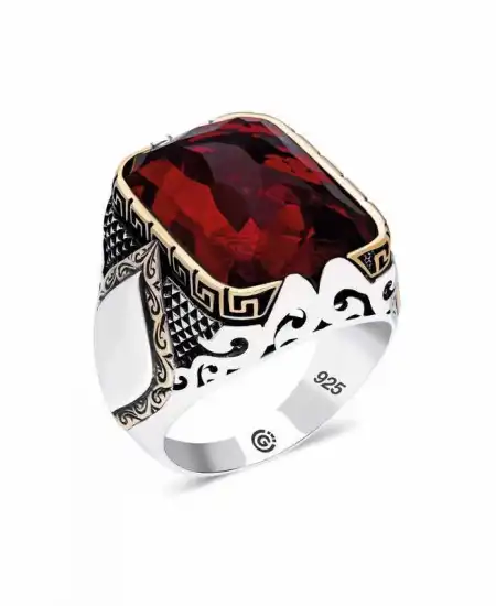 ​gümüş Kırmızı Zirkon Taşlı Kare Erkek Yüzük