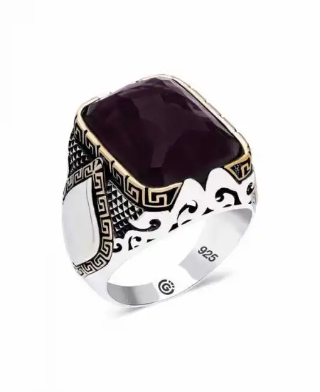 ​gümüş Mor Taşlı Köşeli Erkek Yüzük