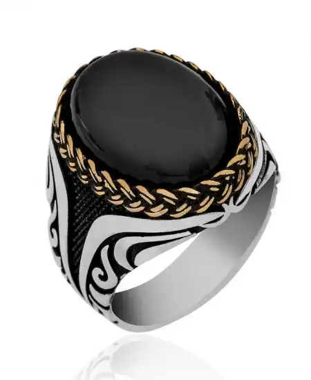 ​gümüş Oniks Taşlı Desenli Erkek Yüzük