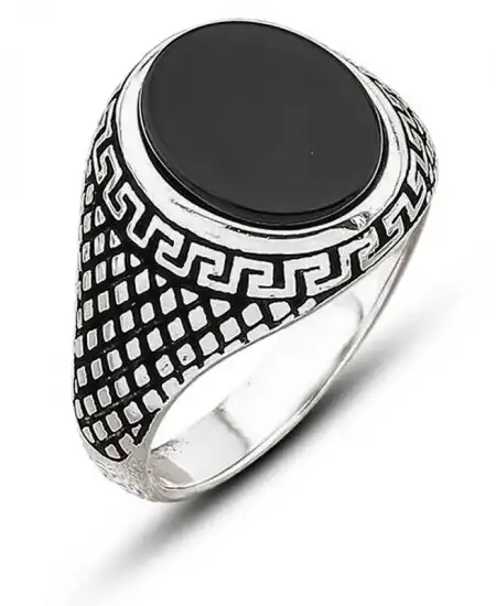 ​gümüş Oniks Taşlı Desenli Erkek Yüzük