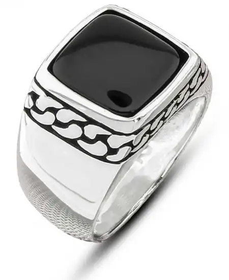 ​gümüş Oniks Taşlı Desenli Erkek Yüzük