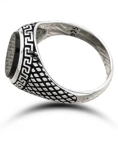​gümüş Oniks Taşlı Desenli Erkek Yüzük