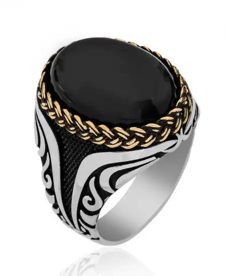 ​gümüş Oniks Taşlı Desenli Erkek Yüzük