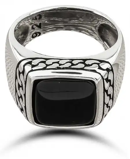 ​gümüş Oniks Taşlı Desenli Erkek Yüzük