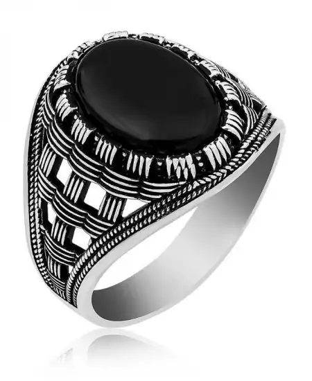 ​gümüş Oniks Taşlı Örgü Desenli Erkek Yüzük