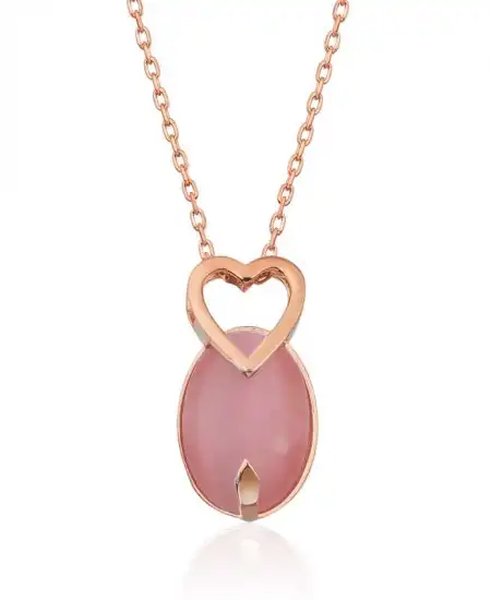 ​gümüş Pembe Kedi Gözü Taşlı Kalp Kolye