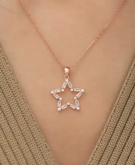 ​gümüş Rose Baget Taşlı Yıldız Kolye