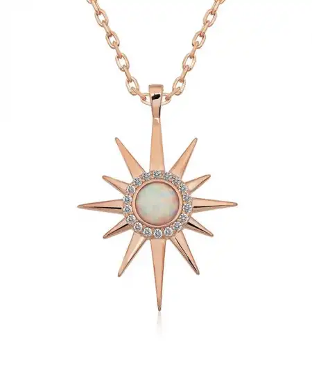 ​gümüş Rose Beyaz Opal Taşlı Kutup Yıldızı Kolye