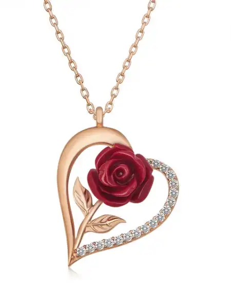 ​gümüş Rose Kalpli Kırmızı Gül Kadın Kolye