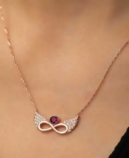 ​gümüş Rose Kanatlı Sonsuz Kalp Kolye