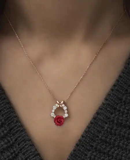 ​​gümüş Rose Kırmızı Gül Kolye