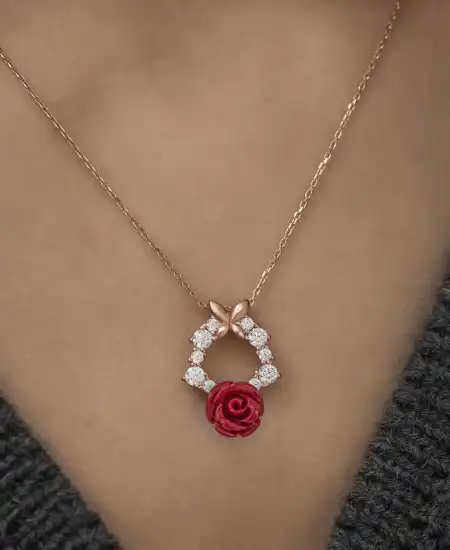 ​​gümüş Rose Kırmızı Gül Kolye