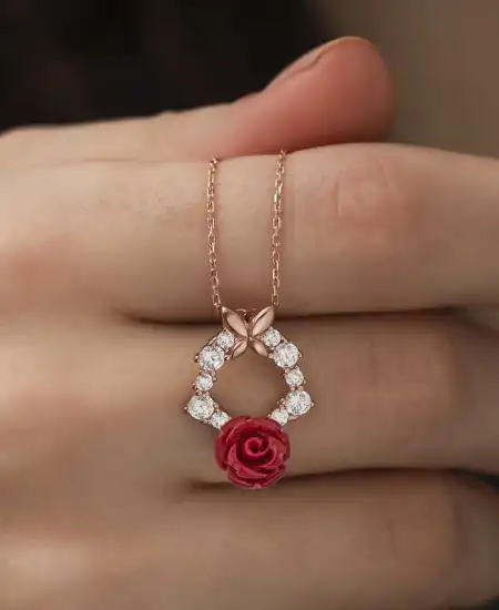 ​​gümüş Rose Kırmızı Gül Kolye