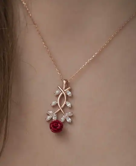 ​gümüş Rose Kırmızı Gül Kolye
