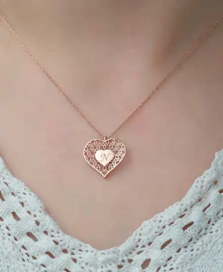 ​gümüş Rose Kişiye Özel Kalbin İçinde Kalp Bayan Kolye