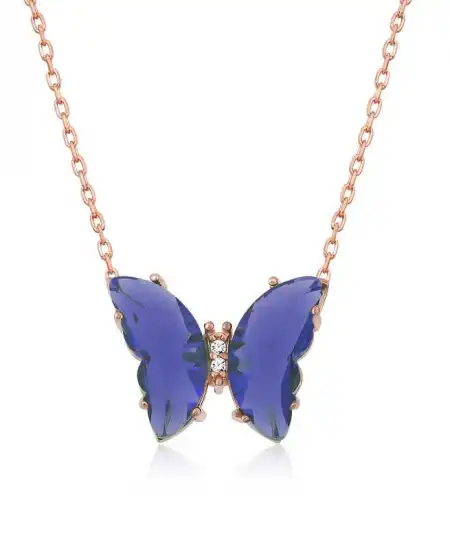 ​gümüş Rose Mavi Cam Kelebek Kolye