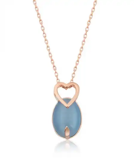 ​gümüş Rose Mavi Kedi Gözü Taşlı Kalp Kolye