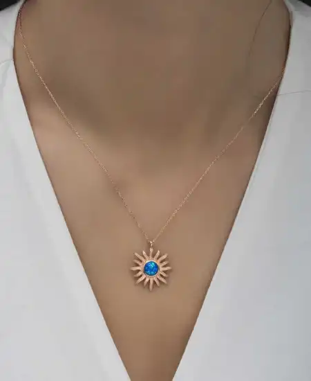 ​gümüş Rose Mavi Opal Taşlı Güneş Kadın Kolye