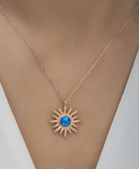 ​gümüş Rose Mavi Opal Taşlı Güneş Kadın Kolye