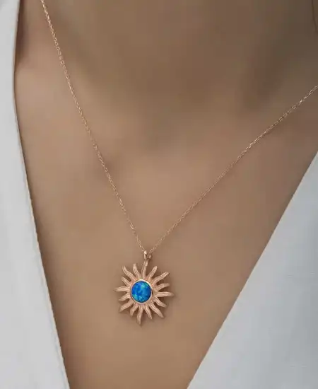 ​gümüş Rose Mavi Opal Taşlı Güneş Kadın Kolye