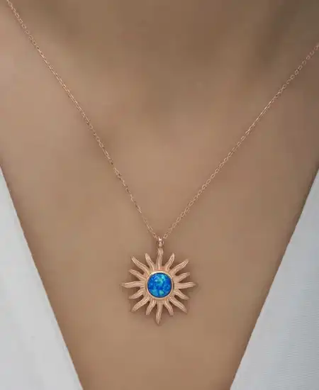 ​gümüş Rose Mavi Opal Taşlı Güneş Kadın Kolye