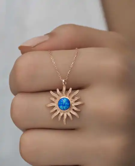 ​gümüş Rose Mavi Opal Taşlı Güneş Kadın Kolye