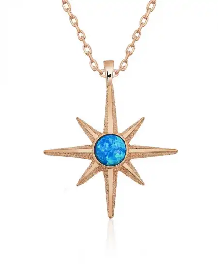 ​gümüş Rose Mavi Opal Taşlı Kutup Yıldızı Kolye