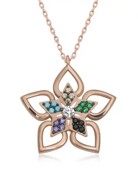 ​gümüş Rose Renkli Taşlı Çiçek Kadın Kolye