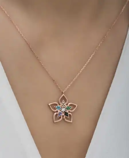 ​gümüş Rose Renkli Taşlı Çiçek Kadın Kolye