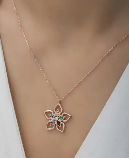 ​gümüş Rose Renkli Taşlı Çiçek Kadın Kolye